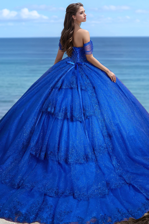 WQ1269 - Glamorous & Gliiter Ball Gown Off Shoulder Sleeveless Beaded Appliques Royal Tulle Quinceanera Dress Formal Party Dress for Sweet 16