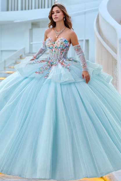 WQ1304 - Gorgeous Ball Gown Sweetheart Neck Long Detachable Sleeves Colorful 3D Flower Appliques Lace Up Baby Blue Tulle Quinceanera Dress Evening Party Dress for Sweet 16