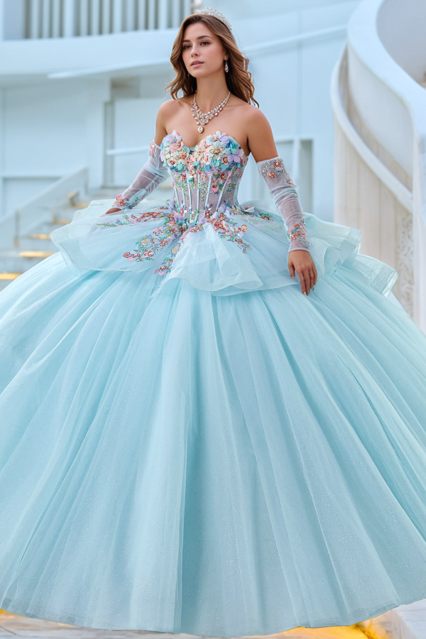Sweetheart Long Sleeves Colorful 3D Flower Appliques Blue Quinceanera Dress for Sweet 16 WQ1304
