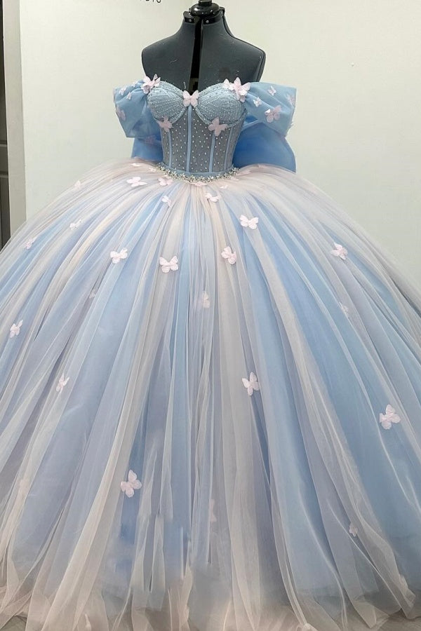 Langes Quinceanera-Kleid mit Herzausschnitt für Damen, trägerloses Korsett mit Blumenapplikationen, Perlenbesetztes Tüll-Ballkleid 