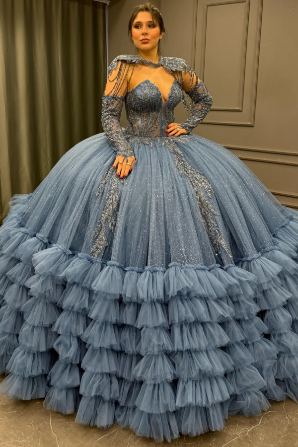 V Neck Sleeveless Shawl Beaded Sequins Appliques Ruffles Tiered Quinceanera Dress WQ1376