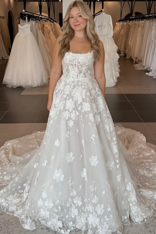 A-Line Boat Neck Straps Fully Flower Lace Appliques Buttons Wedding Dress WW1052