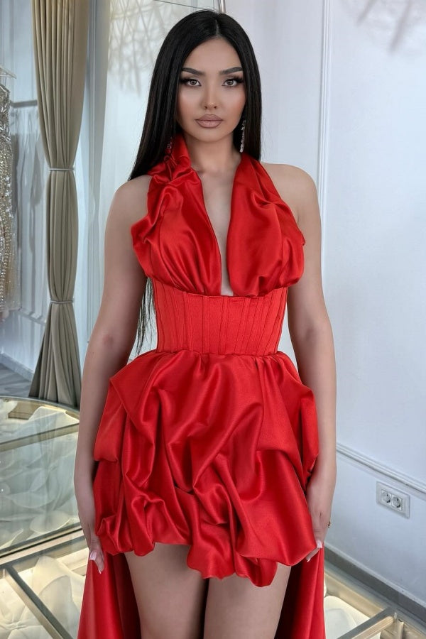 A-Line Low V Neck Halter Ruched Detachable Train Homecoming Dress WH1089