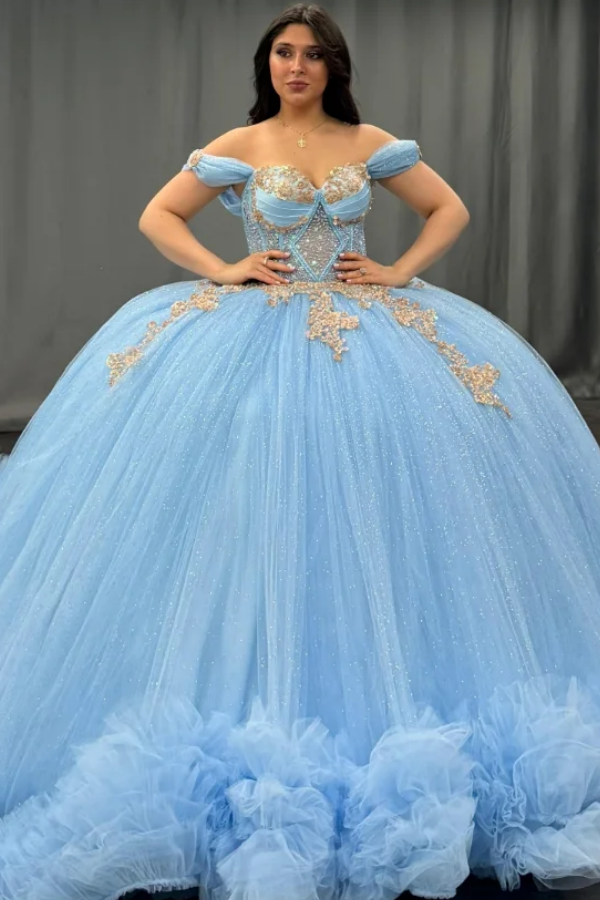 Langes Quinceanera-Kleid mit Herzausschnitt für Damen, trägerloses Korsett mit Blumenapplikationen, Perlenbesetztes Tüll-Ballkleid 
