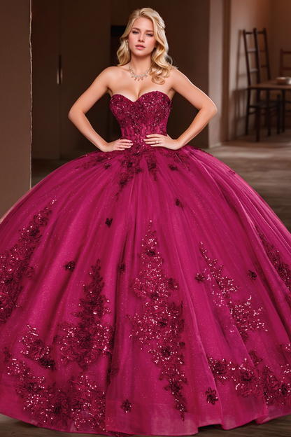 WQ1279 - Gorgeous & Glamorous Ball Gown Sweetheart Neck Sleeveless Flower Lace Appliques Lace Up Sweep Train Plum Tulle Quinceanera Dress Birthday Party Dress for Sweet 16