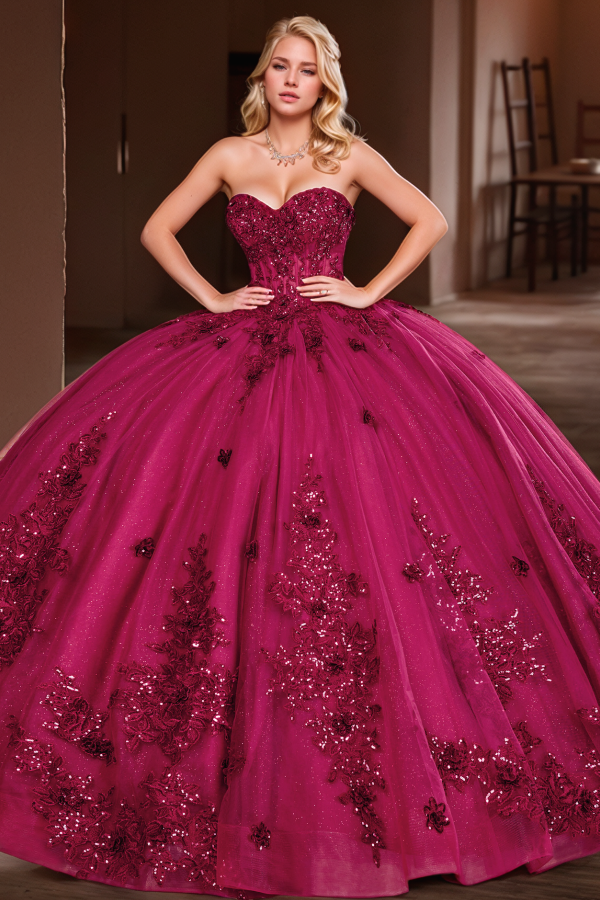 Langes Quinceanera-Kleid mit Herzausschnitt für Damen, trägerloses Korsett mit Blumenapplikationen, Perlenbesetztes Tüll-Ballkleid 