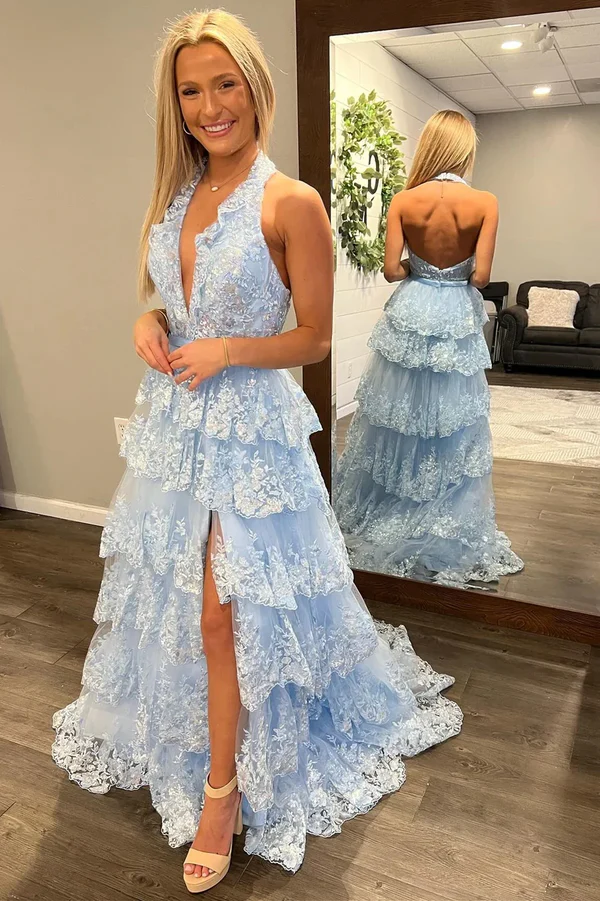 WU1003 - A-Line Low V Necck Halter Sleeveless Open Back Sky Blue Sequins Lace Appliques Tiered Floor Length Prom Dress with High Side Slit and Train