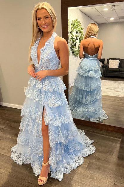 WU1003 - A-Line Low V Necck Halter Sleeveless Open Back Sky Blue Sequins Lace Appliques Tiered Floor Length Prom Dress with High Side Slit and Train