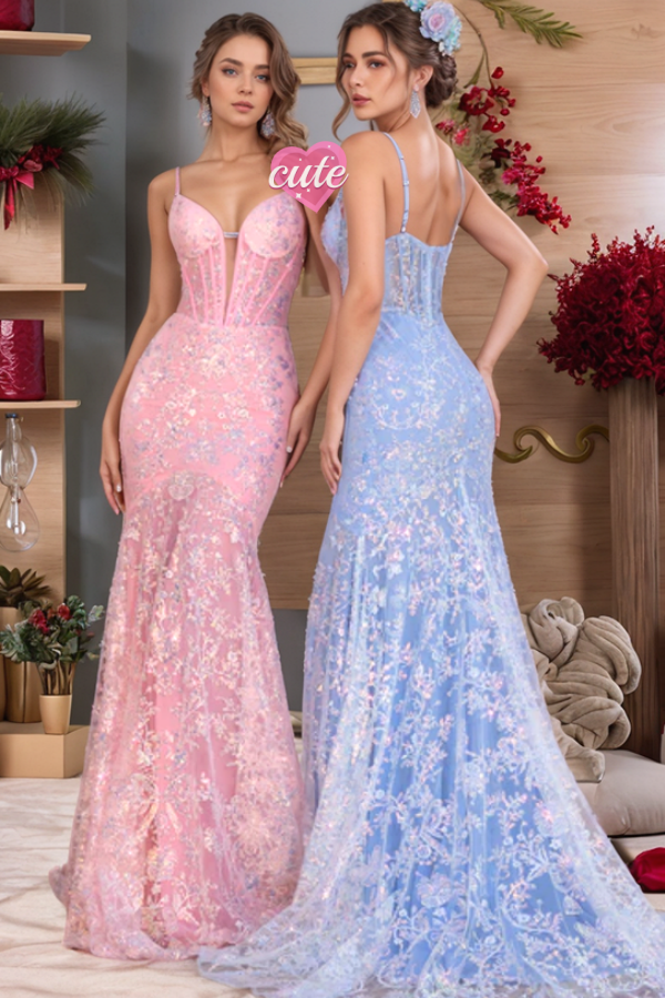 WU1139 - Cute & Casual Mermaid Spaghetti Straps Sequins Appliques Prom Party Gown Floor Length Back Zipper Evening Gown Cocktail Dress