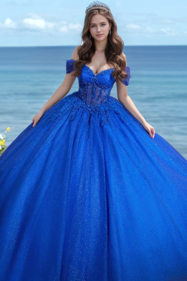 WQ1269 - Glamorous & Gliiter Ball Gown Off Shoulder Sleeveless Beaded Appliques Royal Tulle Quinceanera Dress Formal Party Dress for Sweet 16