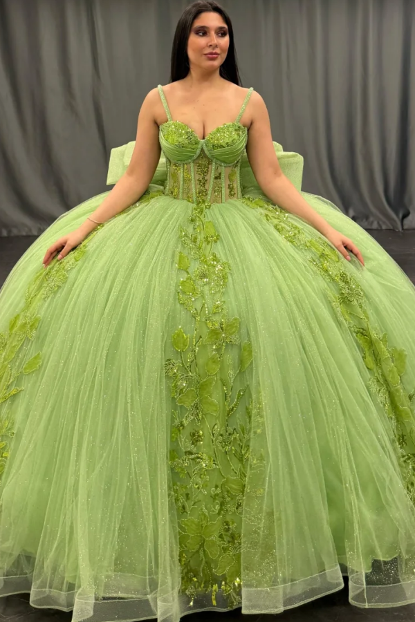Langes Quinceanera-Kleid mit Herzausschnitt für Damen, trägerloses Korsett mit Blumenapplikationen, Perlenbesetztes Tüll-Ballkleid 