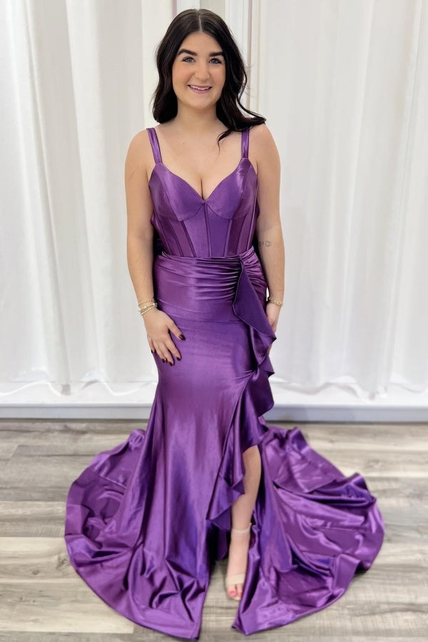 WU1130 - Wunderschönes schulterfreies ärmelloses Ball- und Partykleid mit Pailletten, hohem Seitenschlitz und Schleppe, Abendkleid, Cocktailkleid