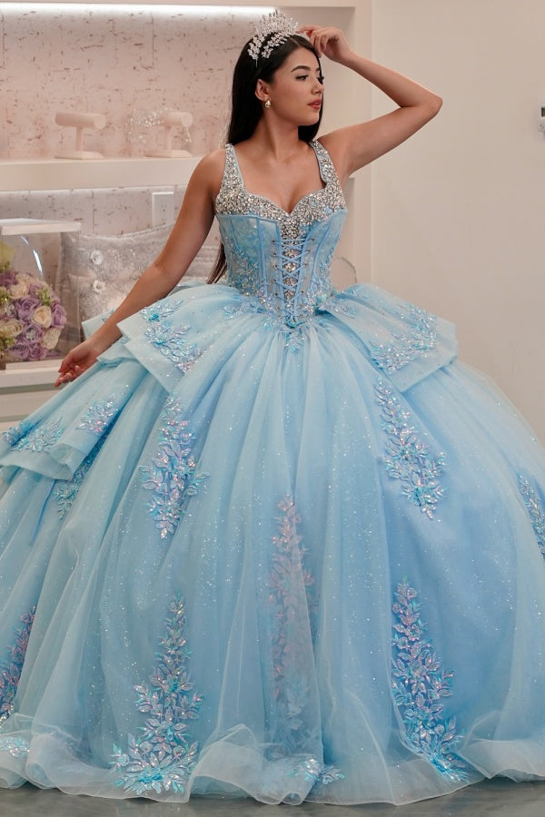 WQ1450 - Vestido de fiesta sin tirantes, sin mangas, con cuentas, volantes, lentejuelas, tul, capas, tul brillante, vestido de quinceañera, vestido de fiesta de cumpleaños, vestido formal de noche para dulces 16