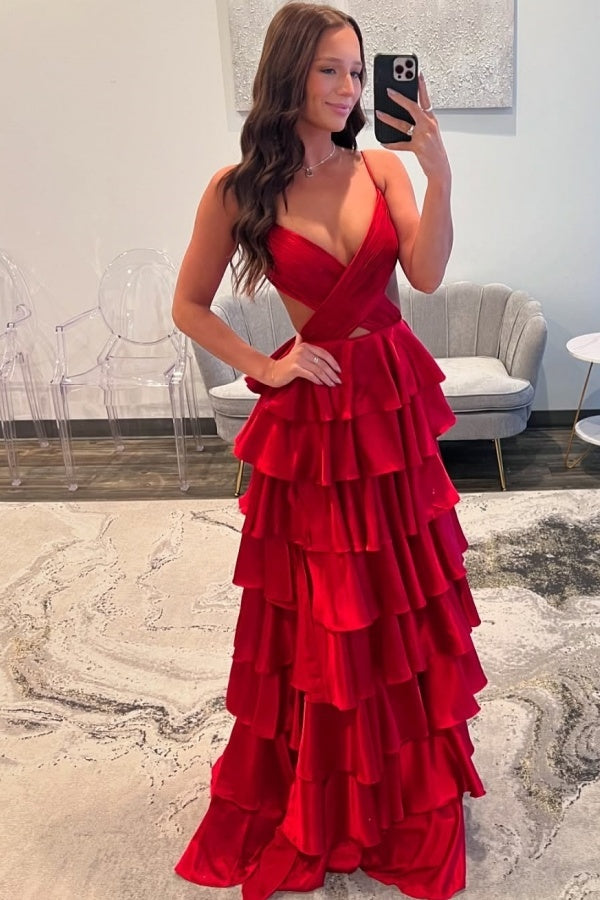 WU1120 - Schickes und modernes A-Linien-Kleid mit V-Ausschnitt, Spaghettiträgern, ärmellos, Ball- und Partykleid, plissiert, gestuftes Abendkleid mit Schlitz, formelles Kleid