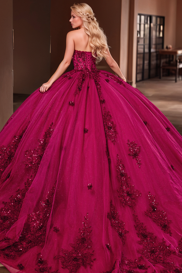 WQ1279 - Gorgeous & Glamorous Ball Gown Sweetheart Neck Sleeveless Flower Lace Appliques Lace Up Sweep Train Plum Tulle Quinceanera Dress Birthday Party Dress for Sweet 16