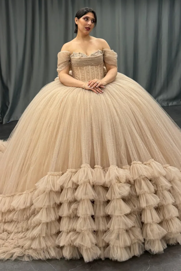 Off Shoulder Sleeveless Appliques Beaded Sequins Bow Knot Champagne Quinceañera Dress WQ1494