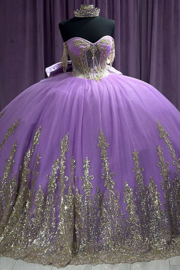 Off Shoulder Sleeveless Ruffles Beaded Gold Appliques Lavenda Quinceanera Dress WQ1382