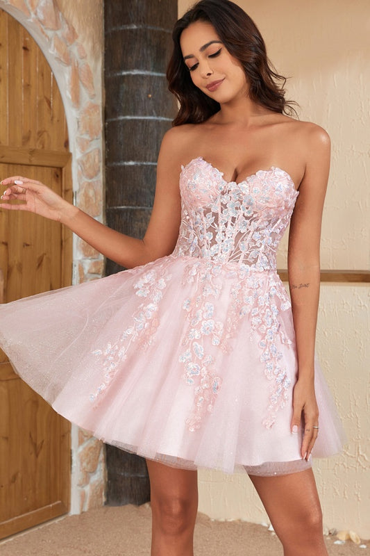 WH1002 - Chic & Modern A-Line Sweetheart Fully Sequins Appliques Baby Pink Glitter Tulle Lace Up Homecoming Dress