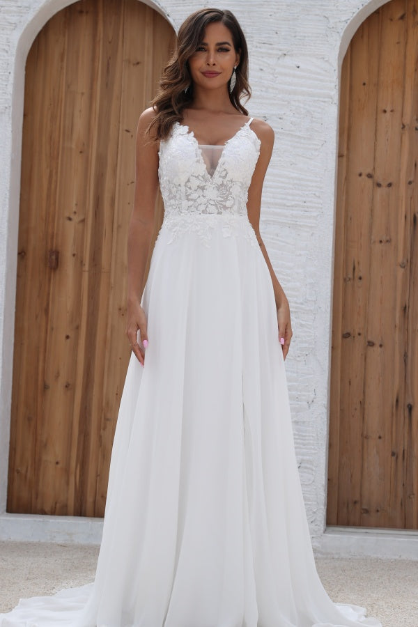 WW1008 - Simple A-Line Low V Neck Spaghetti Straps Seeveless Appliques Bride Gown Side Slit and Train Chiffon Beach Wedding Dress