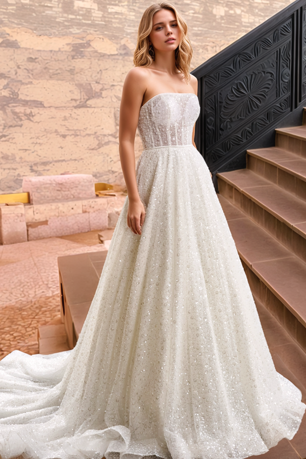 A-Line Strapless Sequins Beaded Button Sweep Train Wedding Dress WW1024