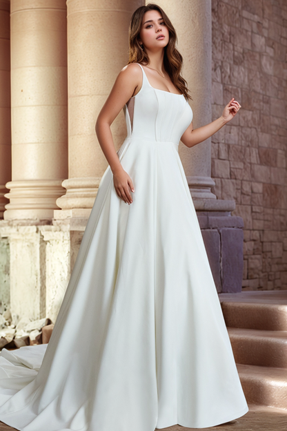 WW1019 - Chic & Modern A-Line Square Neck Straps Sleeveless Bow Knot Button Satin Wedding Dress Bride Gown with Couet Train