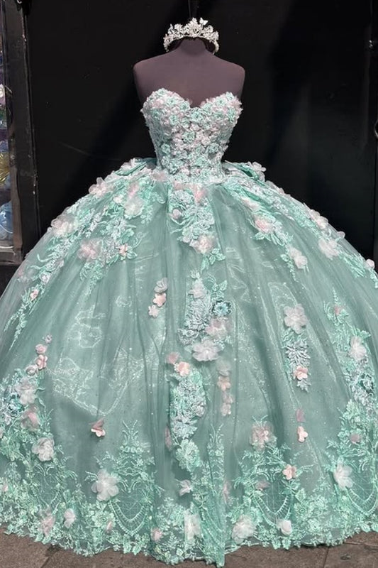 WQ1289 - Luxury Ball Gown Sweetheart Neck Sleeveless 3D Colorful Flower Appliques Lace Up Bown Knot Mint Green Tulle Quinceanera Dress Birthday Party Gown for Sweet 16