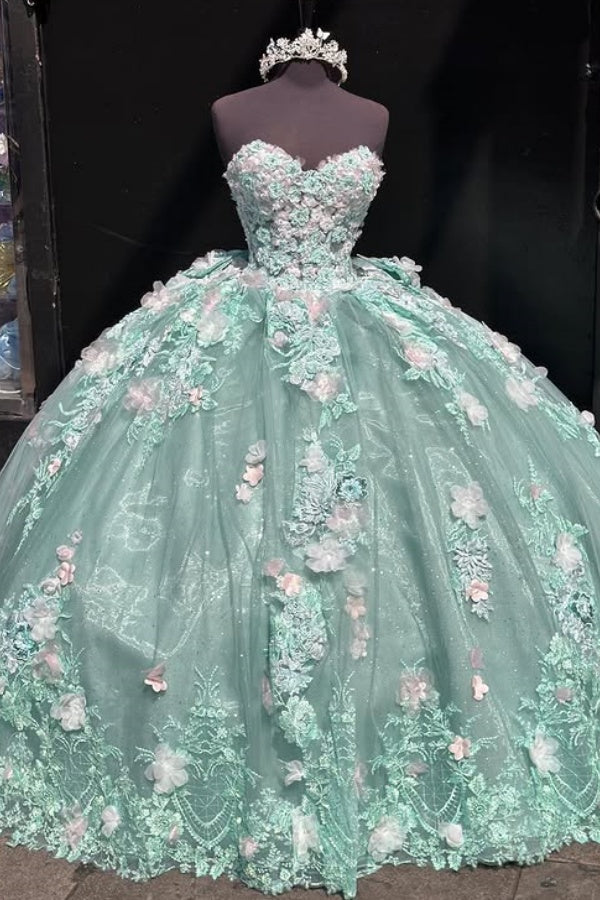 Sweetheart Sleeveless 3D Flower Appliques Bown Knot Mint Green Quinceanera Dress for Sweet 16 WQ1289