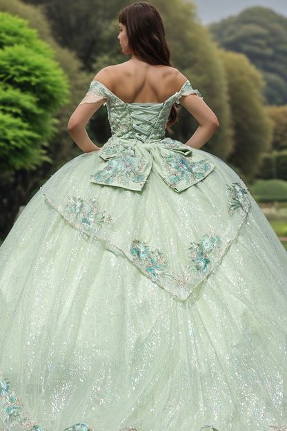 WQ1294 - Chic & Modern Ball Gown Off Shoulder Flower Appliques Lace Up Bow Knot Mint Green Tulle Quinceanera Dress Birthday Party Dress for Sweet 16