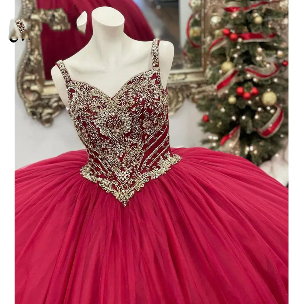 Red Quinceanera Dresses Ball Gowns Flowers Appliques Lace Beaded Sparkly Spaghetti Straps Princess Sweet 16 Birthday Party Prom Gown