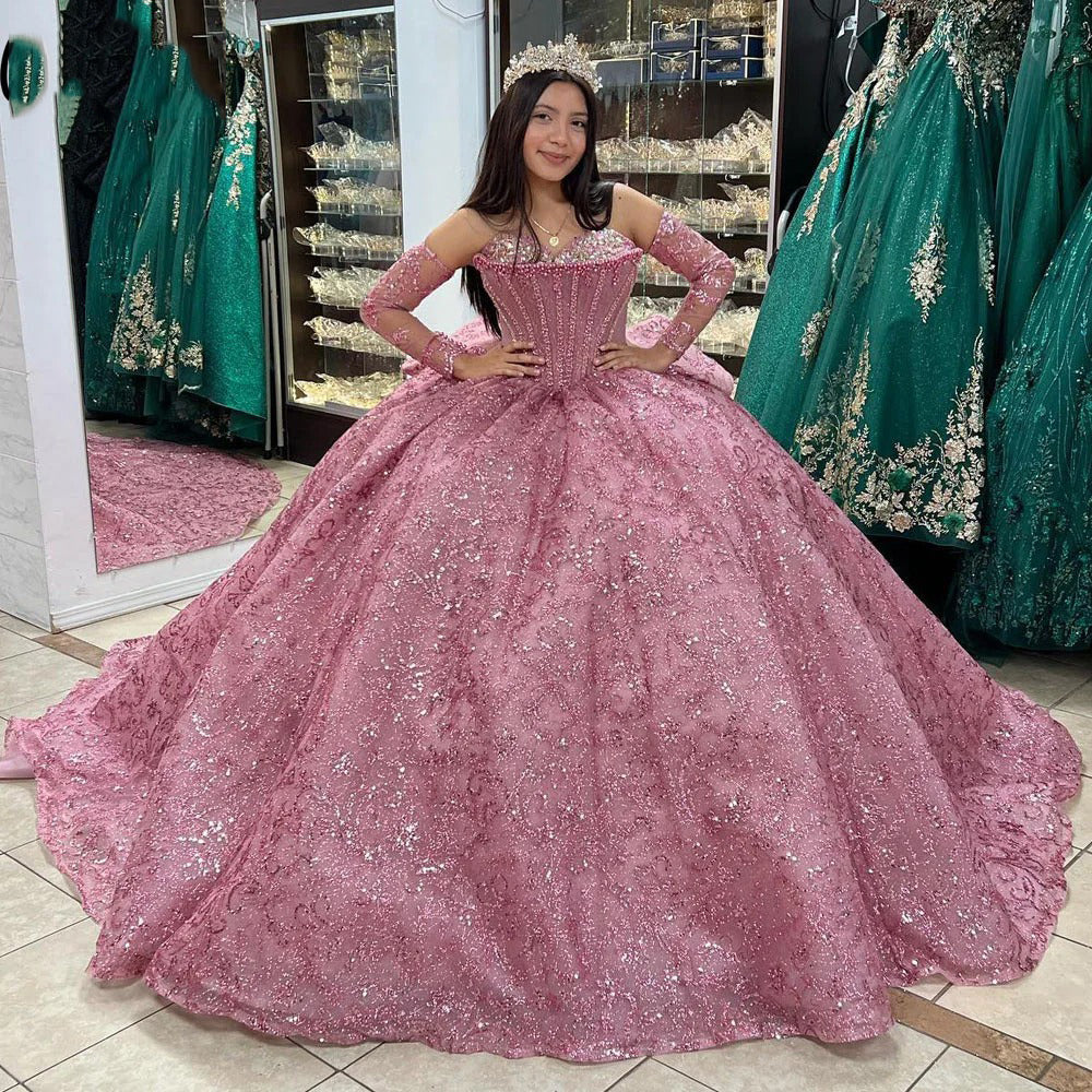 WQ1174 - Luxuru & Glamorous Ball Gown Strapless Detachable Sleeves Fulle Sequins Beaded Dusty Pink Tulle Princess Party GownQuinceanera Dress for Sweet 16