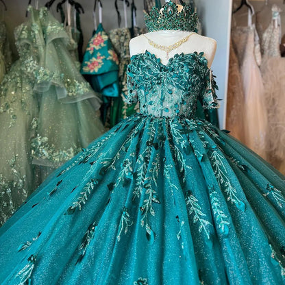 Robe de princesse Quinceanera vert émeraude pailletée 2024, robe de bal à épaules dénudées, corset en cœur, fleurs perlées, dentelle, appliques, tulle, robe Sweet 16