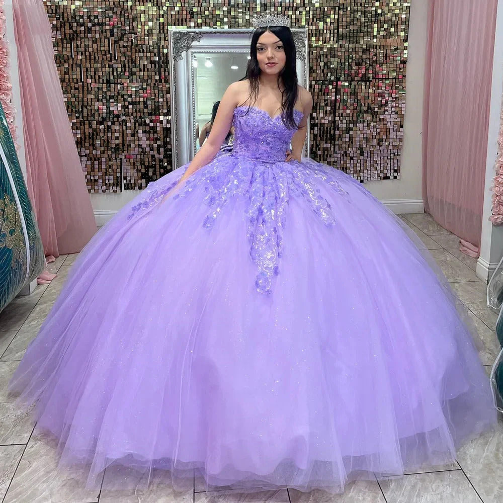 WQ1058 - Ball Gown Strapless Lace Flower Appliques Beaded Bow Knot  Lilac Tulle Quinceanera Dress for Sweet 16