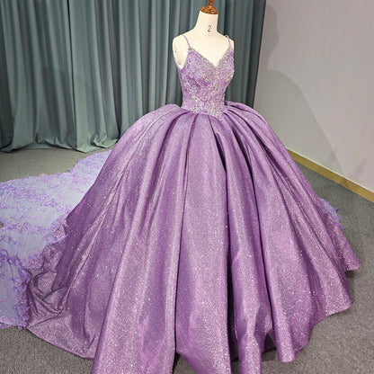 Sweet Purple Shiny Princess Quinceanera Dresses 3D Floral Ball Gown Spaghetti Straps Lace Tulle Corset vestido de quinceanera