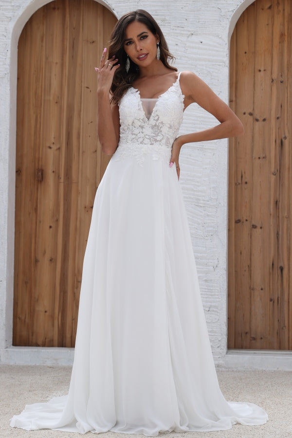 WW1008 - Simple A-Line Low V Neck Spaghetti Straps Seeveless Appliques Bride Gown Side Slit and Train Chiffon Beach Wedding Dress