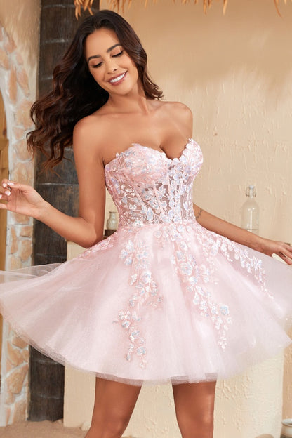 WH1002 - Chic & Modern A-Line Sweetheart Fully Sequins Appliques Baby Pink Glitter Tulle Lace Up Homecoming Dress