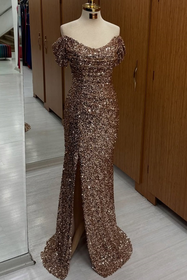 Off Shoulder Sleeveless Pleated Ruched Sequins Prom Dress WU1499