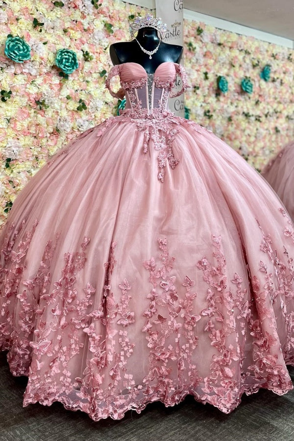 Langes Quinceanera-Kleid mit Herzausschnitt für Damen, trägerloses Korsett mit Blumenapplikationen, Perlenbesetztes Tüll-Ballkleid 