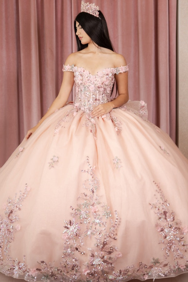 Langes Quinceanera-Kleid mit Herzausschnitt für Damen, trägerloses Korsett mit Blumenapplikationen, Perlenbesetztes Tüll-Ballkleid 