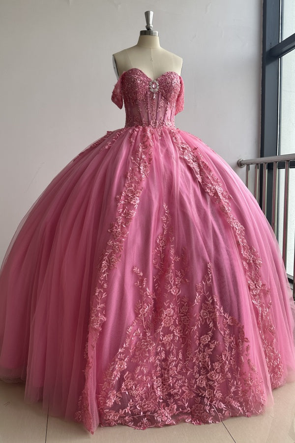 Langes Quinceanera-Kleid mit Herzausschnitt für Damen, trägerloses Korsett mit Blumenapplikationen, Perlenbesetztes Tüll-Ballkleid 