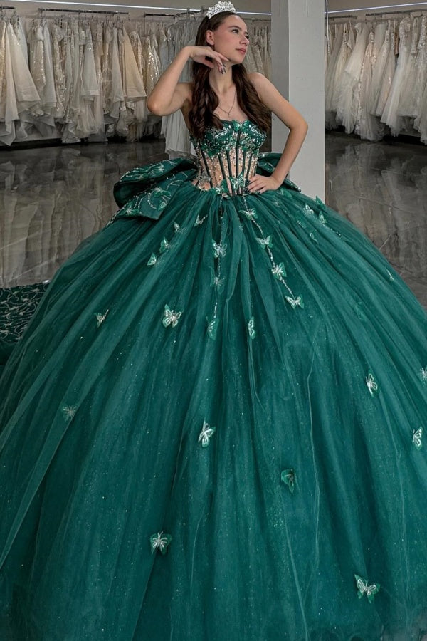Langes Quinceanera-Kleid mit Herzausschnitt für Damen, trägerloses Korsett mit Blumenapplikationen, Perlenbesetztes Tüll-Ballkleid 