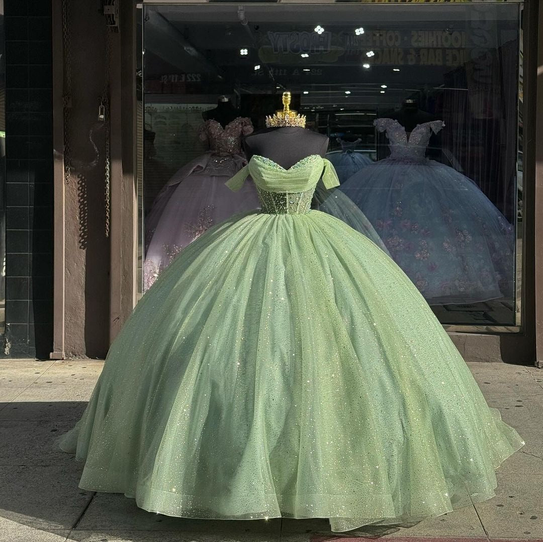 Robe de Quinceanera vert sauge à paillettes, robe de bal à épaules dénudées, robe de bal corset, robe de soirée en tulle pailleté perlé, robe de soirée princesse Sweet 15 16