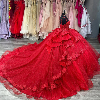 WQ1080 - Luxury Ball Gown Sweetheart Neck Spaghetti Straps Lace Appliques Beaded Red Tulle Quinceanera Dress for Sweet 16