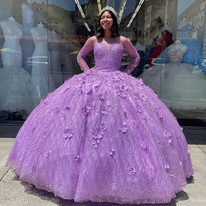 WQ1069 - Ball Gown Sweetheart Neck Long Sleeves 3D Floral Appliques Lilac Tulle Princess Gown Quinceanera Dress for Sweet 16