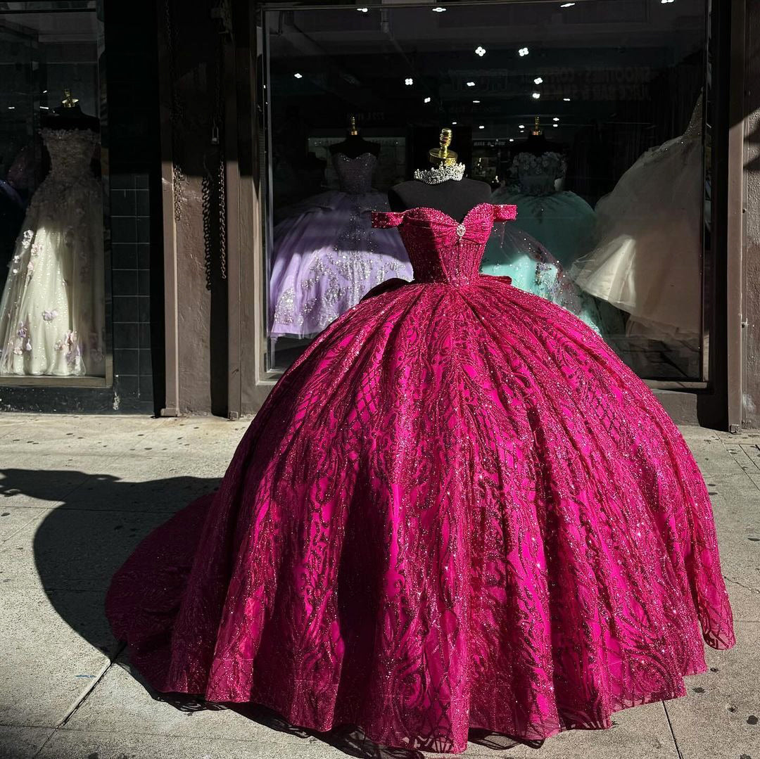 WQ1148 - Chic & Modern Ball Gown Off Shoulder Sweetheart Neck Hot Pink Tulle Quinceanera Dress Princess Evening Party Gown for Sweet 16 Dress