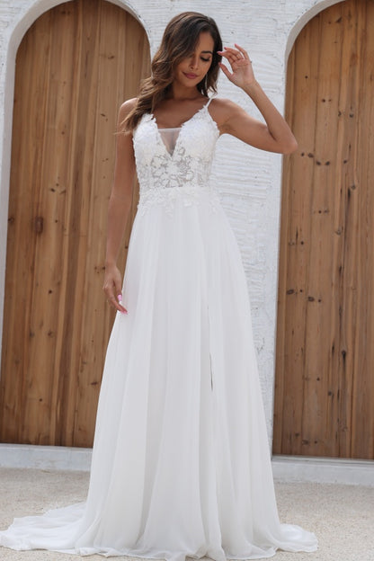 WW1008 - Simple A-Line Low V Neck Spaghetti Straps Seeveless Appliques Bride Gown Side Slit and Train Chiffon Beach Wedding Dress