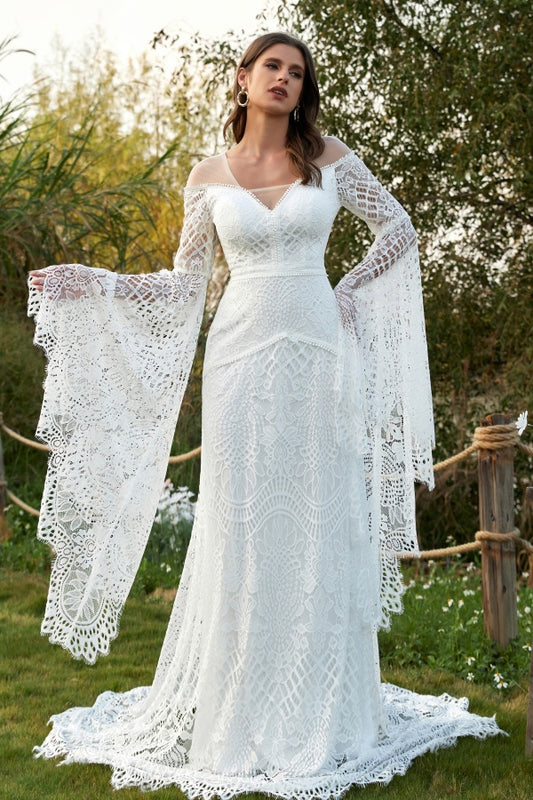 WW1004 - Chic & Modern Mermaid V Neck Long Brumpet Sleeves Fully Lace Sleeves Boho Wedding Dress V Back Court Train Beach Bridal Gown