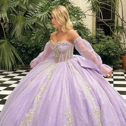 Lilac Princess Quinceanera Dresses with Long Sleeve Glitter Strapless Corset Lace Appliques Beaded Bow Sparkly Prom Party Gown Sweet 16 Dress