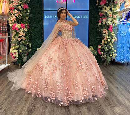 WQ1135 - Cute & Chic Ball Gown Strapless Cape 3D Floral Appliques Beaded Rose Pink Tulle Quinceanera Dress for Sweet 16