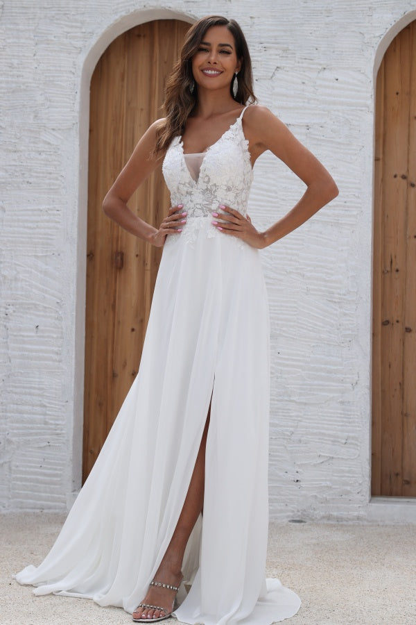 WW1008 - Simple A-Line Low V Neck Spaghetti Straps Seeveless Appliques Bride Gown Side Slit and Train Chiffon Beach Wedding Dress