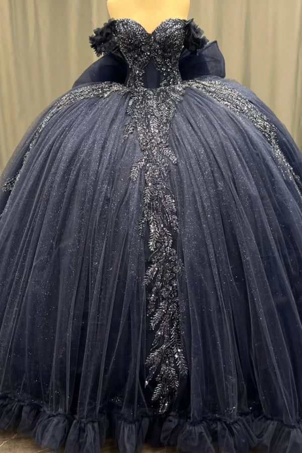 Langes Quinceanera-Kleid mit Herzausschnitt für Damen, trägerloses Korsett mit Blumenapplikationen, Perlenbesetztes Tüll-Ballkleid 